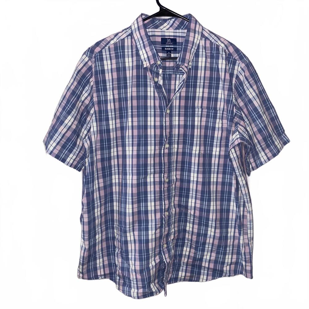 George plaid short sleeve button up shirt mens XL 46-48 classic fit blue pink - Picture 1 of 3